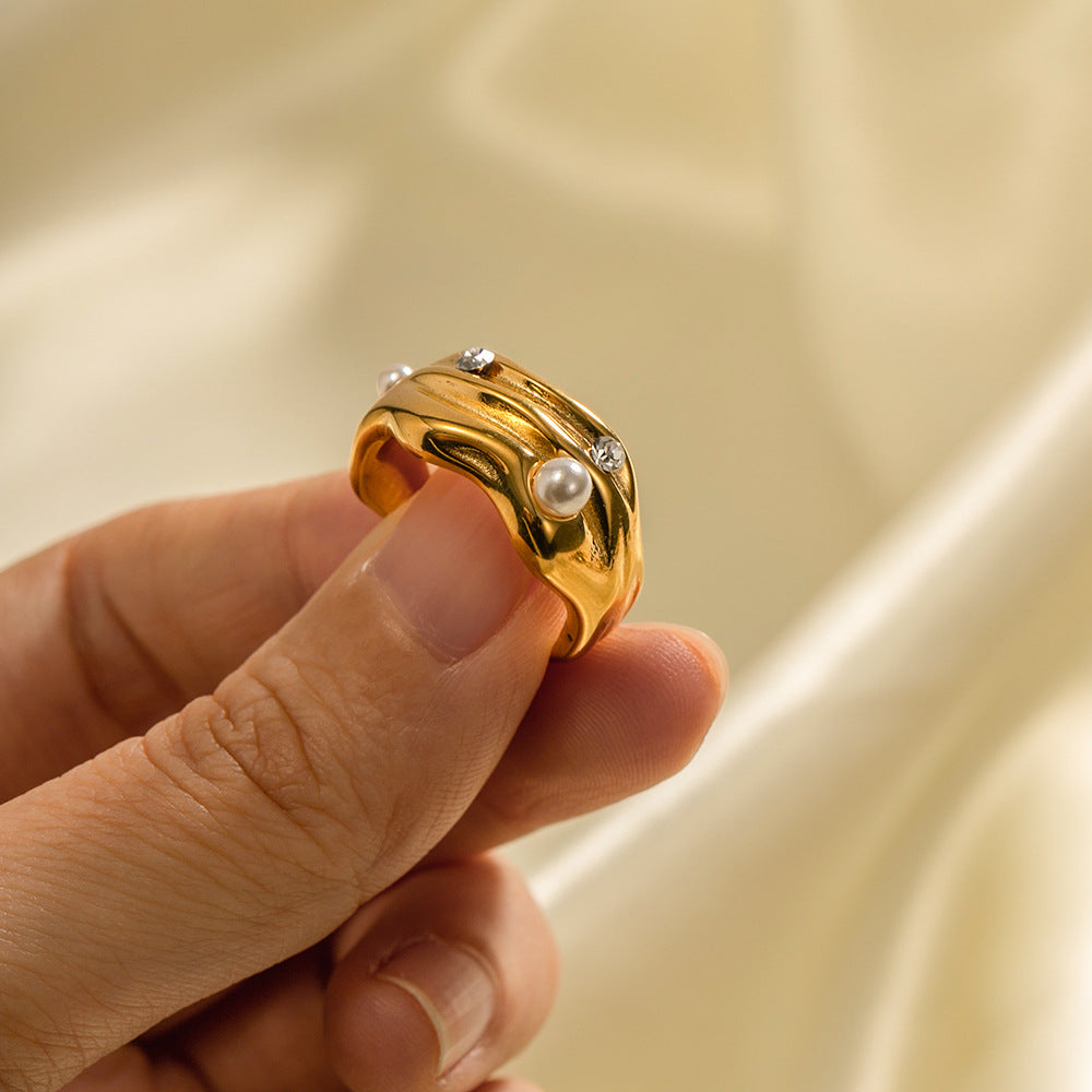 Anillo Abierto con Forma de C Geométrica de Moda con Incrustaciones de Perlas, Joyería de Acero Inoxidable con Baño de Oro de 18K para Mujer