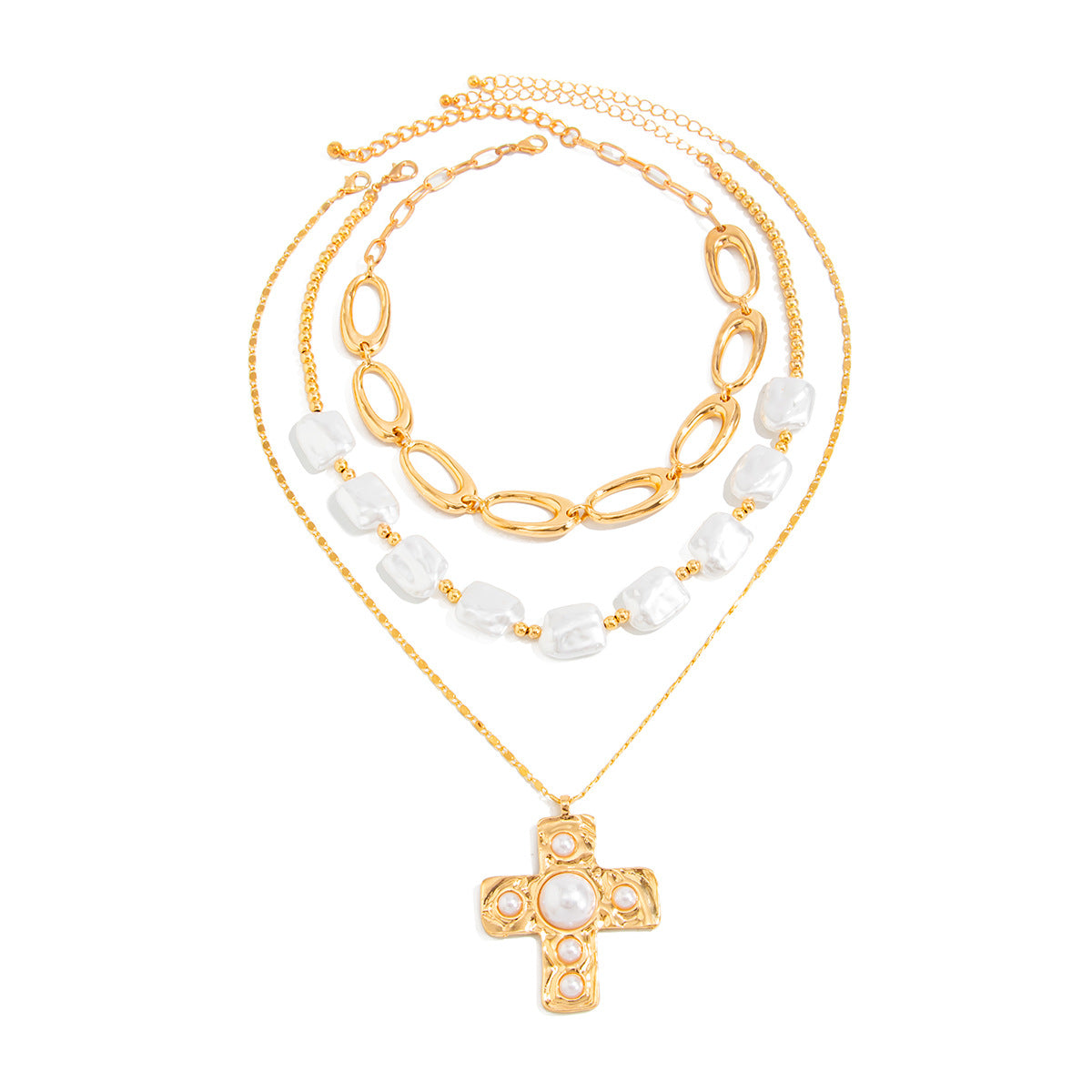 Punk Luxury Geometric Cross Alloy Pendant Necklace with Faux Pearl Inlay Plated Chain for Women