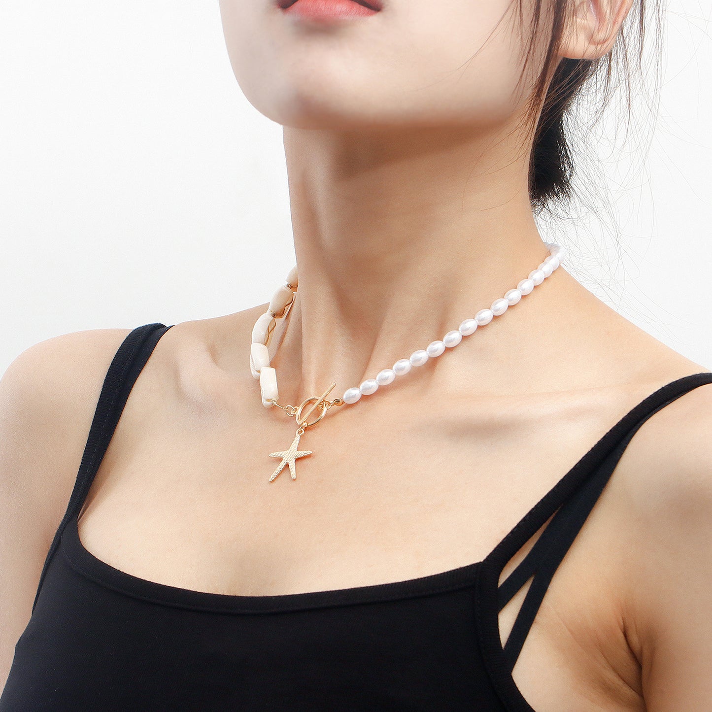 Handwoven Beach Style Alloy Starfish Pendant Necklace for Women with Shell Motif and Electroplated Finish