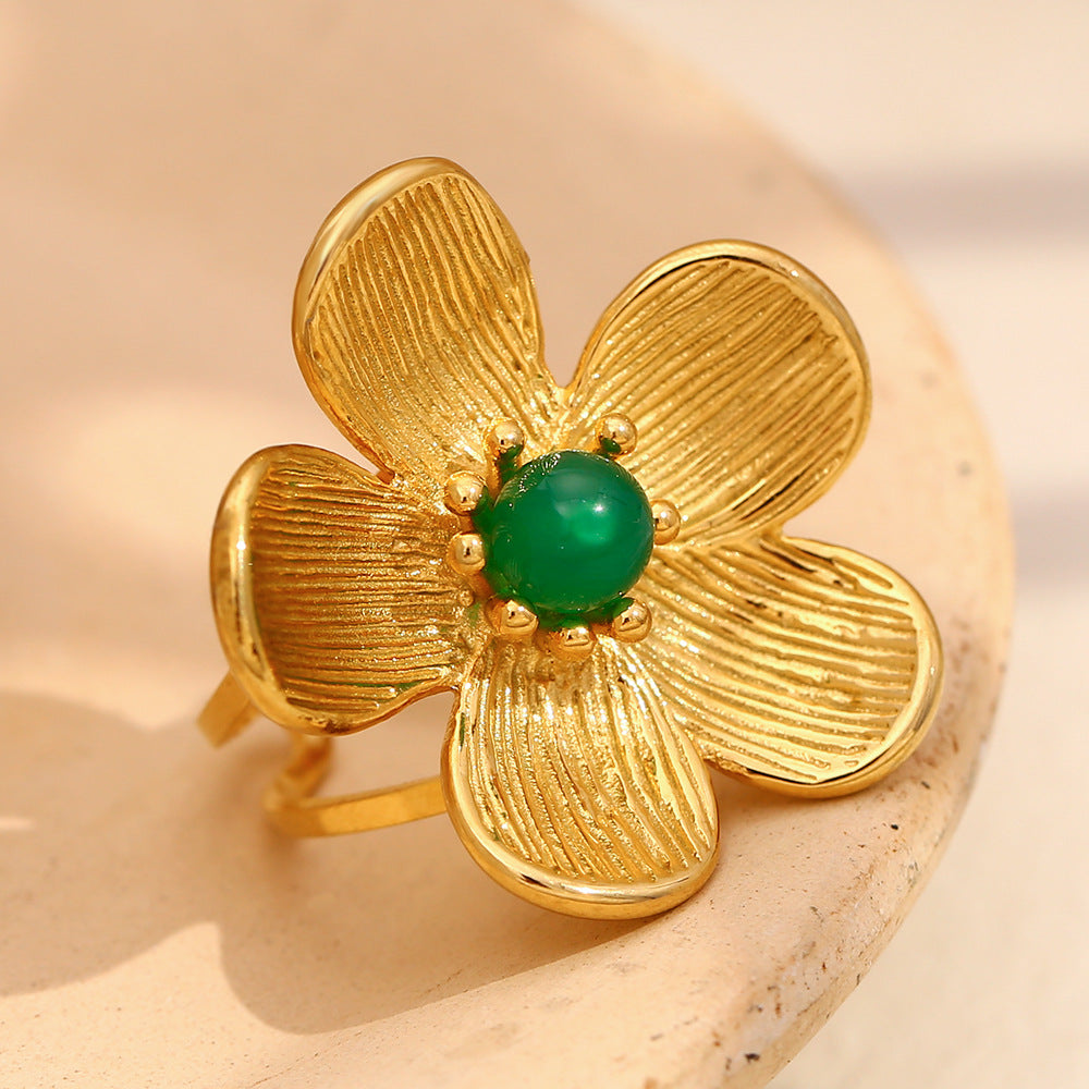 Vintage Floral Stainless Steel Ring with 18K Gold Plating and Emerald Accents for Women