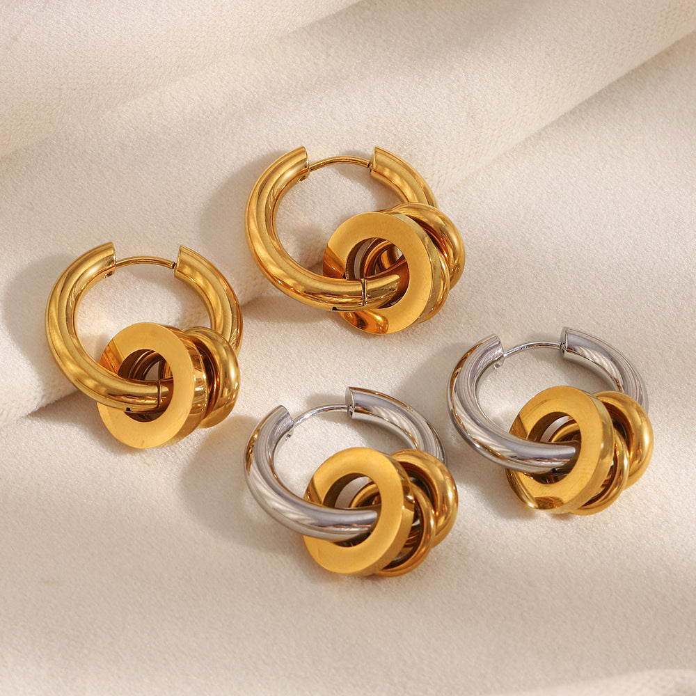 Orecchini a tre anelli geometrici minimalisti da donna in acciaio inossidabile placcato oro 18K