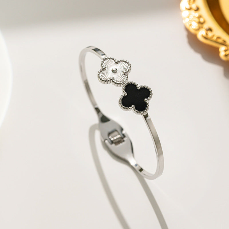 Minimalist Four-Leaf Clover Titanium Steel Bracelet for Women with Polished Finish and Adjustable Opening Design