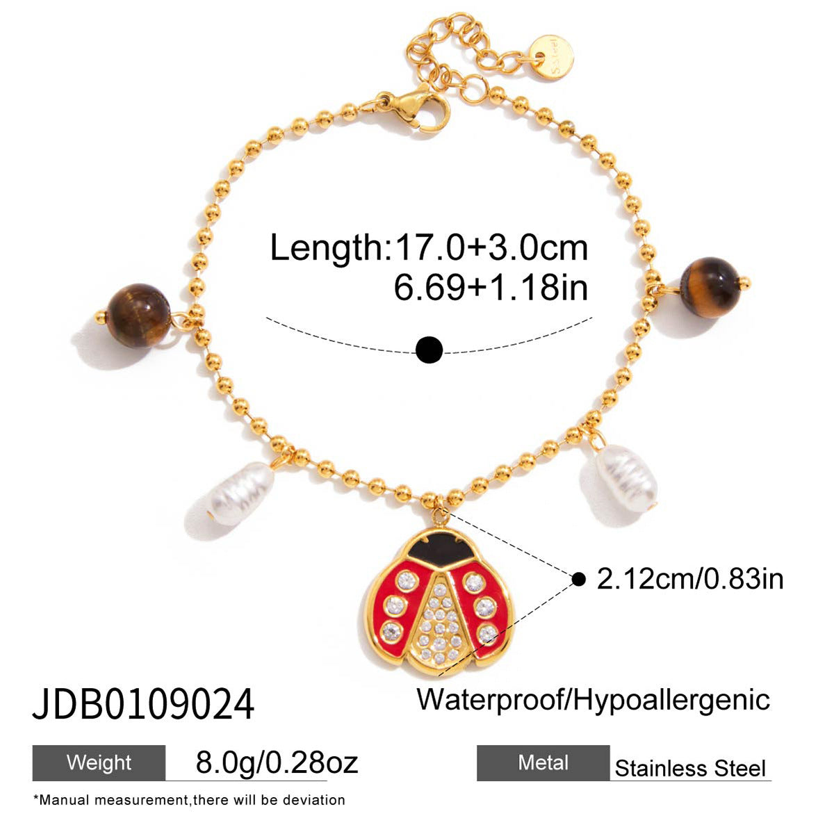 Set Collana con Ciondolo Coccinella alla Moda in Acciaio Inossidabile con Finitura Placcata da Donna Include Orecchini Bracciale e Collana