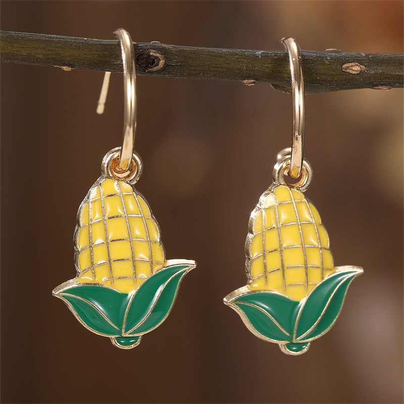 Minimalist Bowknot-Shaped Metal Stud Earrings for Girls with Pearl Inlay and Colorful Bee and Corn Fruit Design