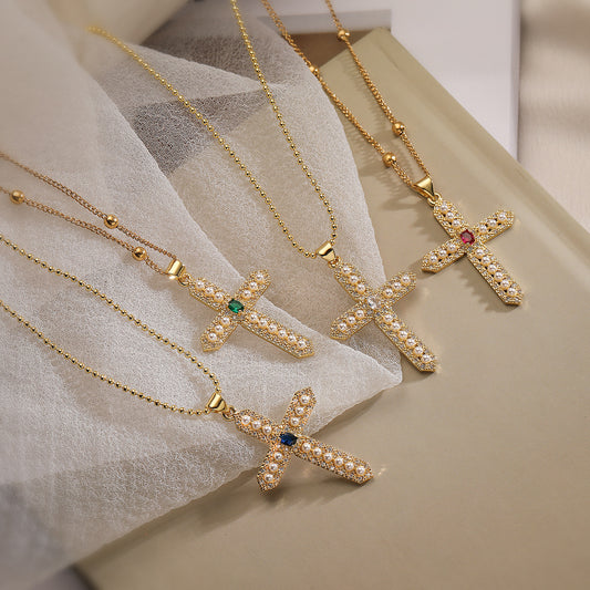 Minimalist Cross Pendant Necklace for Women Made of Copper with Real Gold Plating and Zircon and Pearl Accents