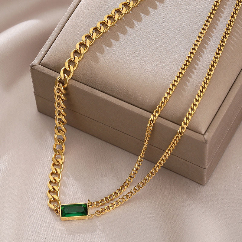 Vintage Geometric Titanium Steel Plated Double-Layer Clavicle Necklace with Emerald Zircon Accents