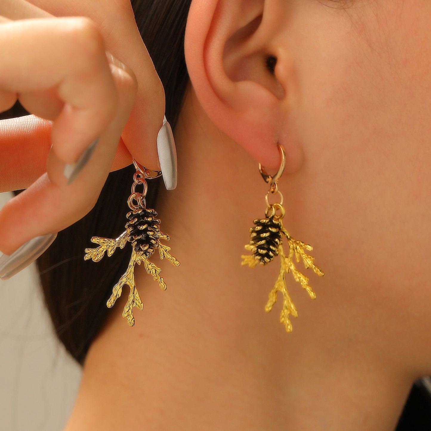 Vintage-Inspired Pine Branch and Pinecone Earrings in Alloy with Gold Plating for Women