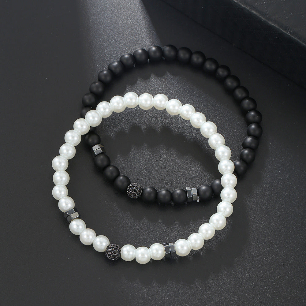 Hip-hop Matte Black Imitation Pearl Beaded Bracelet with Micro-pave Cubic Zirconia