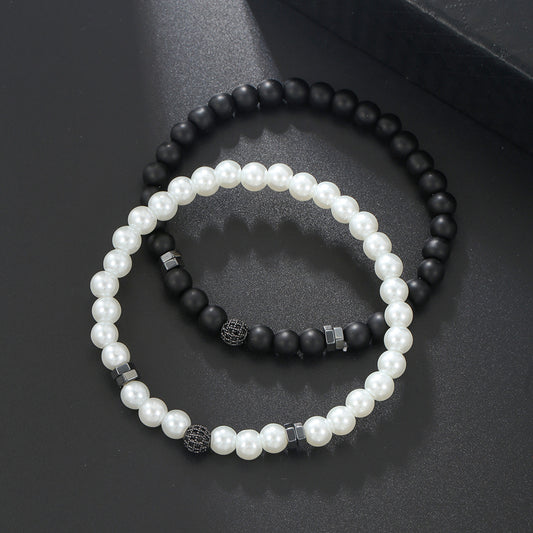 Hip-hop Matte Black Imitation Pearl Beaded Bracelet with Micro-pave Cubic Zirconia