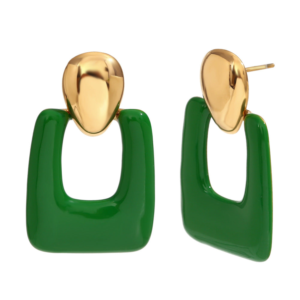 Fashionable Minimalist Geometric Stainless Steel Earrings with 18K Gold Plating and Enamel Coloring