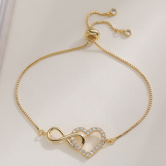 Minimalist Luxury Heart Geometric Brass Plated Bracelet with Cubic Zirconia for Women