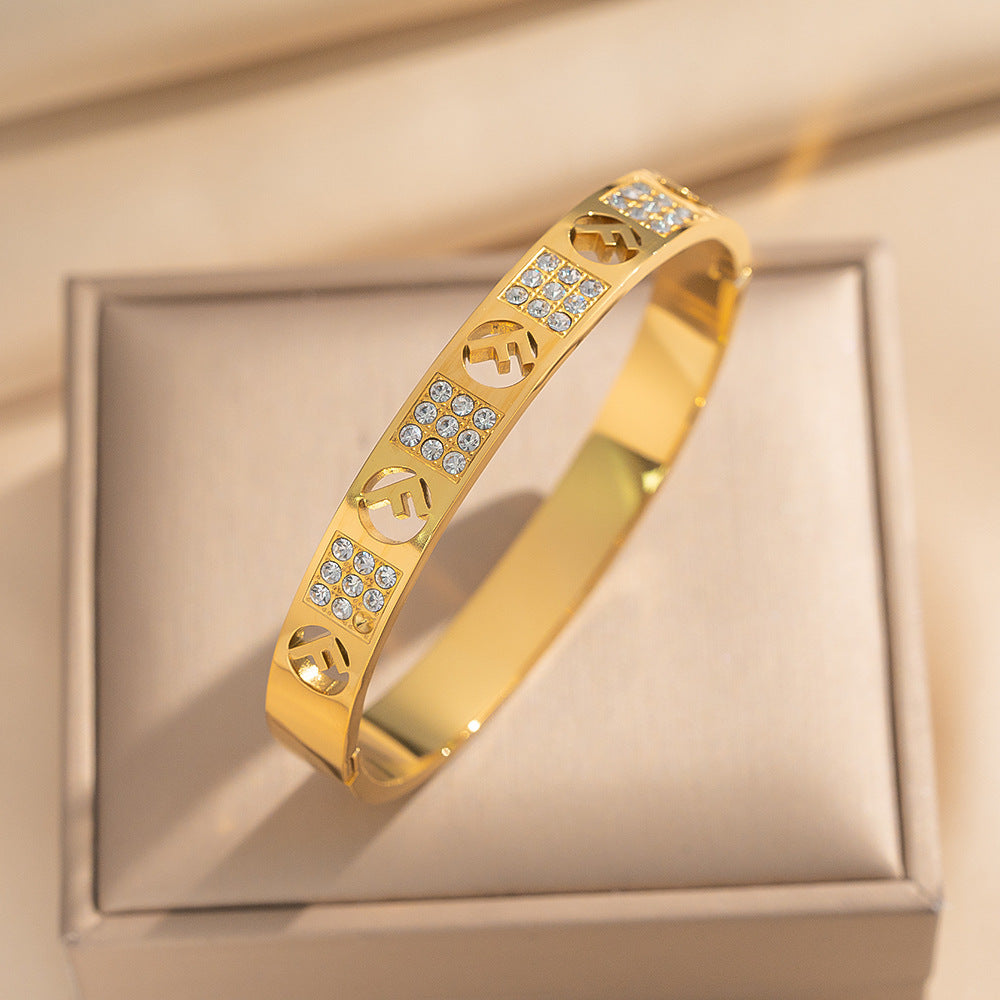 Vintage Minimalist 18K Gold Plated Titanium Steel Letter Cutout Cuff Bracelet with Rhinestone Inlay for Women