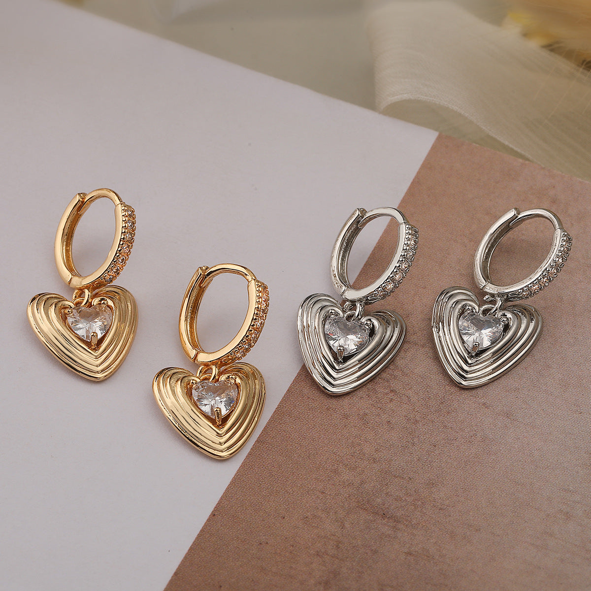 Minimalist Heart-Shaped Copper Earrings with Real Gold Plating and Zircon Inlay for Women