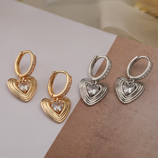 Pendientes minimalistas de cobre con forma de corazón, chapados en oro auténtico y con incrustaciones de circonitas para mujer