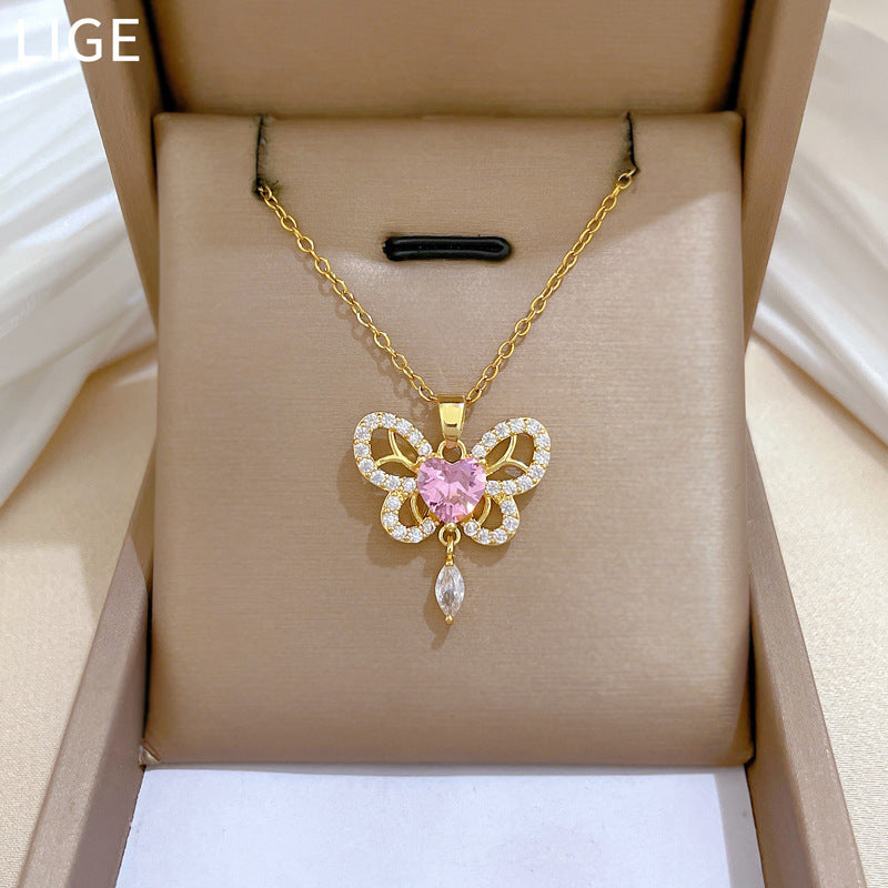 Sweet Elegant Butterfly Hollow Tassel Rhinestone Pendant Necklace Titanium Steel Cable Chain for Women