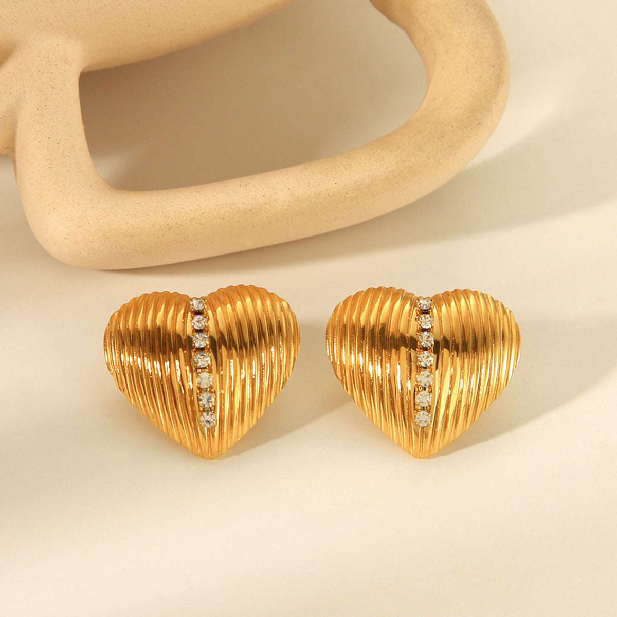 Trendy 18K Gold Plated Stainless Steel Heart Stud Earrings with Rhinestone Inlay for Women