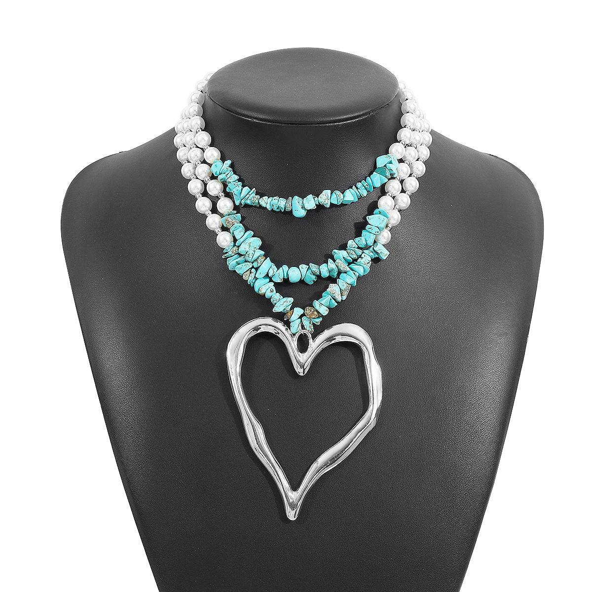 Bohemian Multi-Layer Heart-Shaped Alloy Necklace with Simulated Pearl and Turquoise Accents for Women