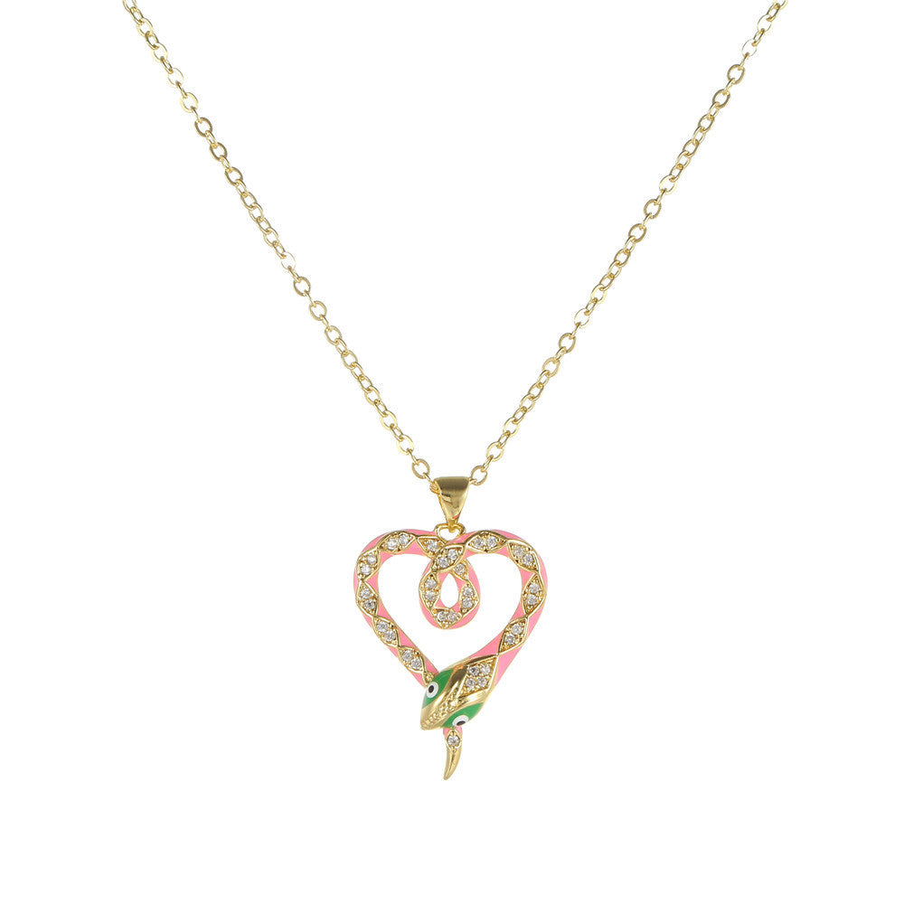Luxury Elegant Snake Geometric Brass Drip Oil Cubic Zirconia Pendant Necklace Cable Chain for Women