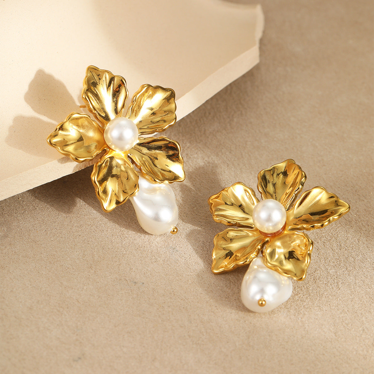 Vintage Baroque Floral Pearl Earrings in Stainless Steel with 18K Gold Plating for Women
