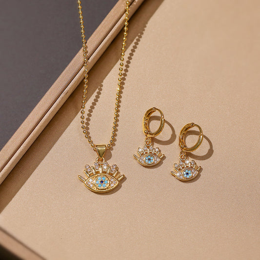 Minimalist Evil Eye Pendant Necklace and Earrings Set in Copper with 18K Gold Plating and Zircon Inlay