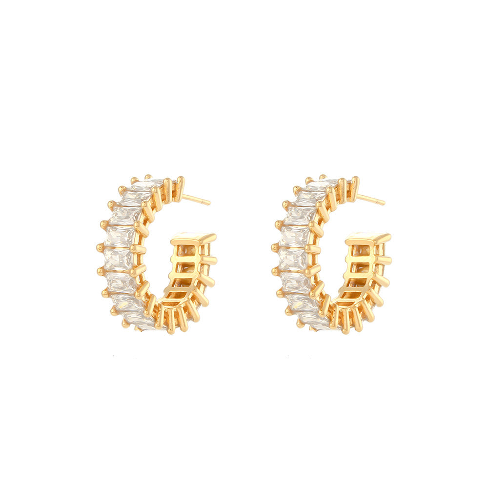 Fashion Minimalist Geometric C-Shaped Stainless Steel 18K Gold Plated Zircon Earrings for Women