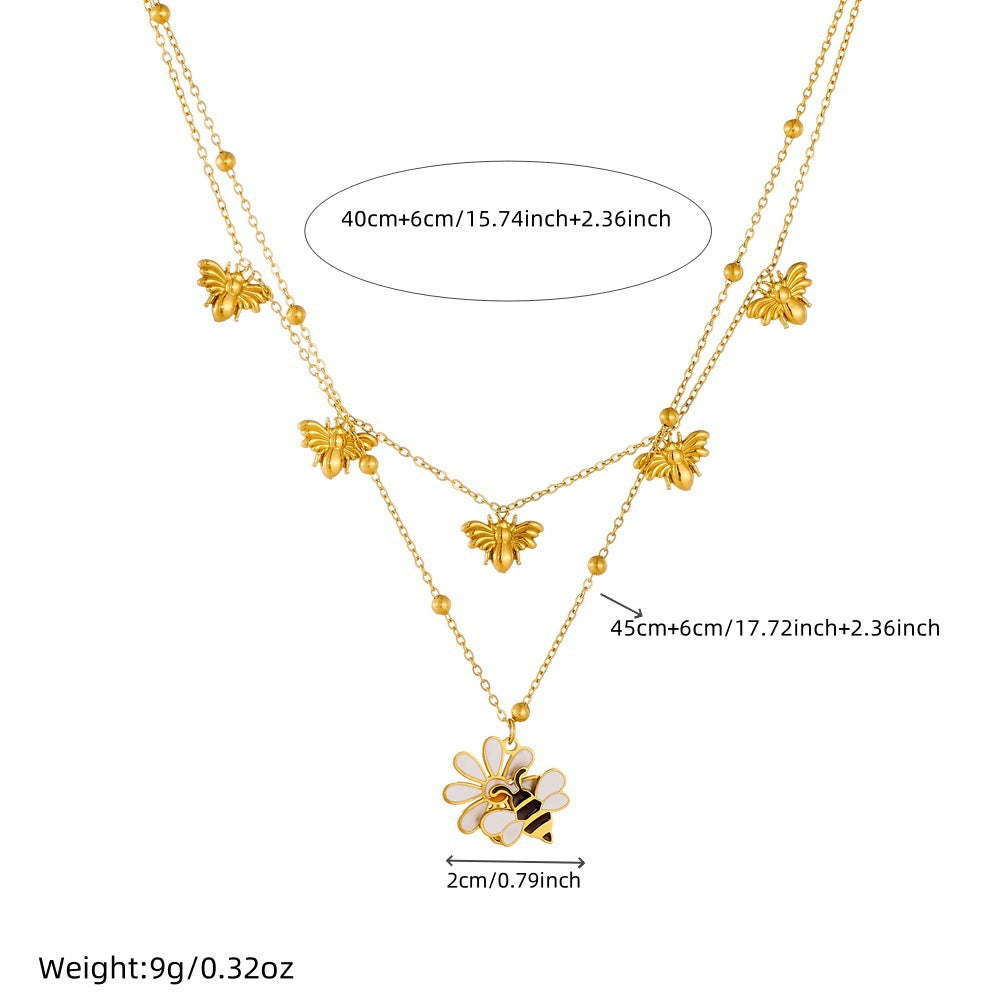Sweet Drip Oil Floral and Bee Stainless Steel Layered Necklace for Women
