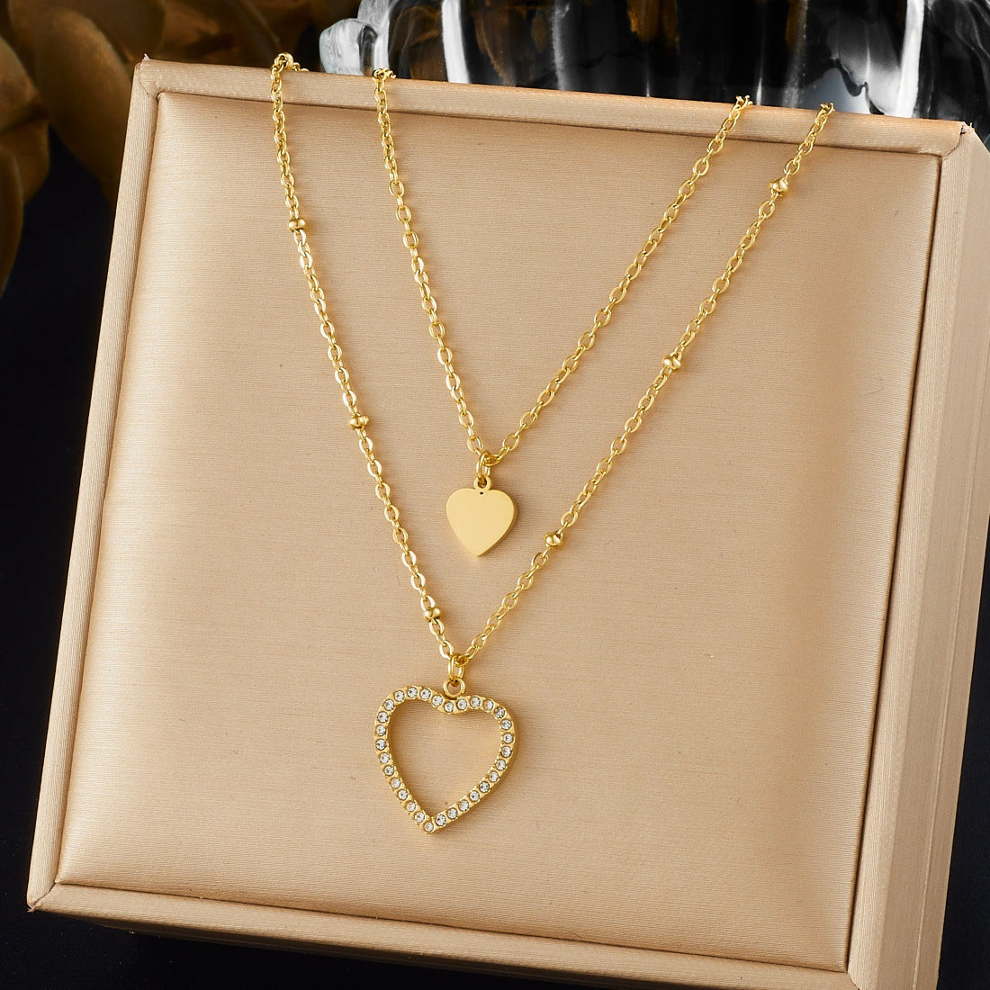 Gold Plated Stainless Steel Heart Rhinestone Inlay Hollow Pendant Layered Necklace for Women