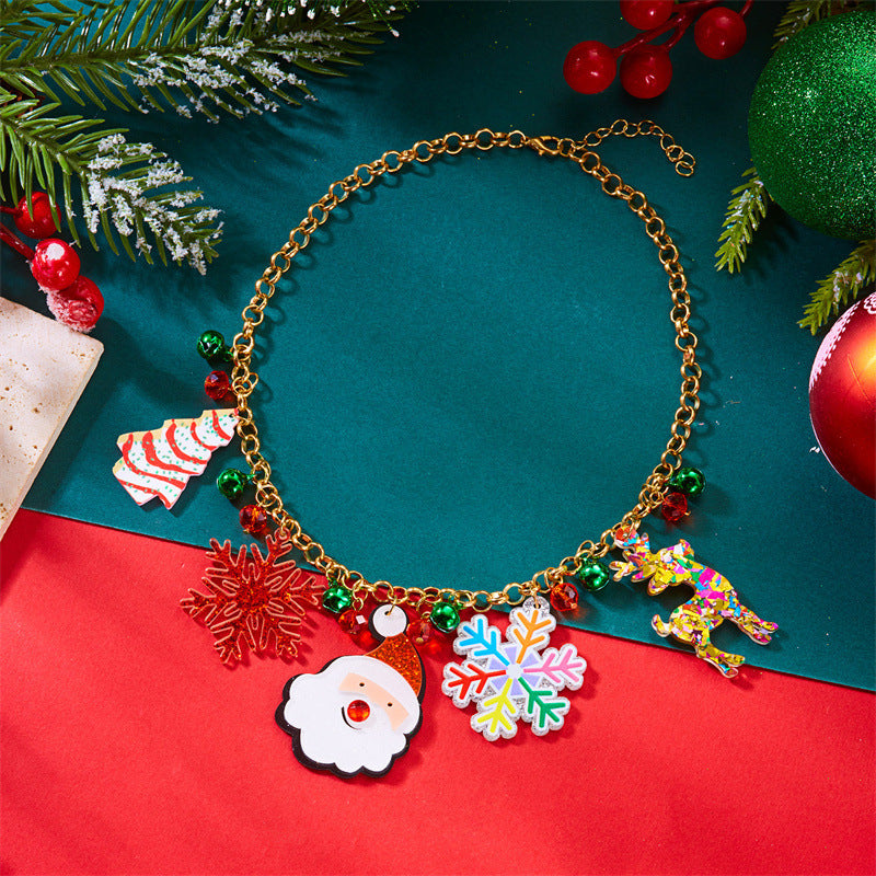 Collar con colgante de árbol de Navidad y hombre de jengibre para mujer, chapado en aleación con motivos festivos de copos de nieve y campanas