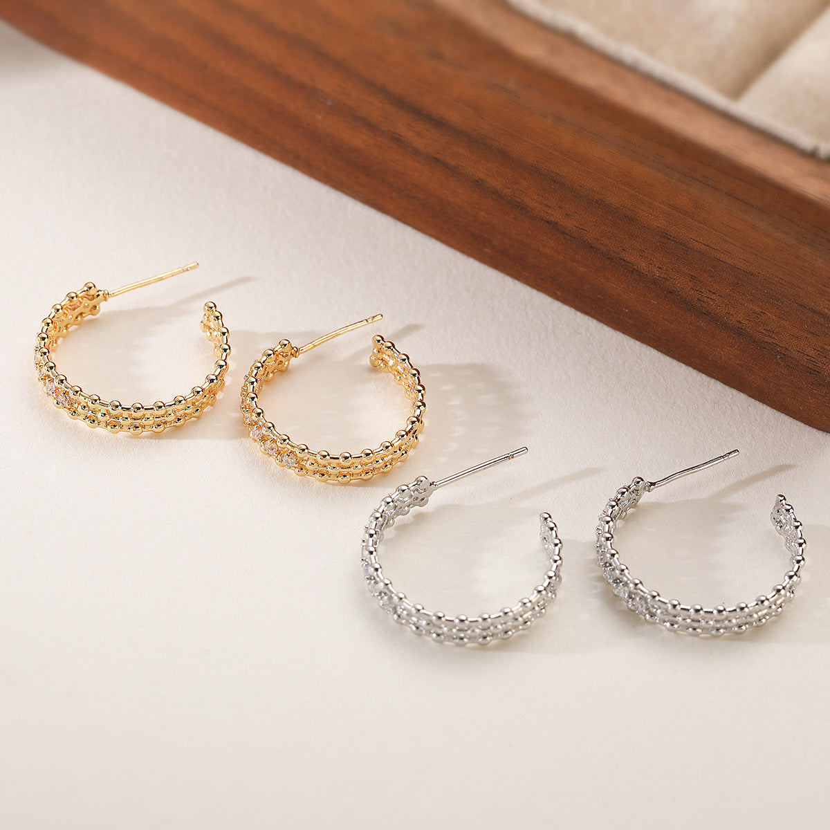 Luxury Vintage Geometric Gold Plated Brass Hoop Earrings with Cubic Zirconia for Women