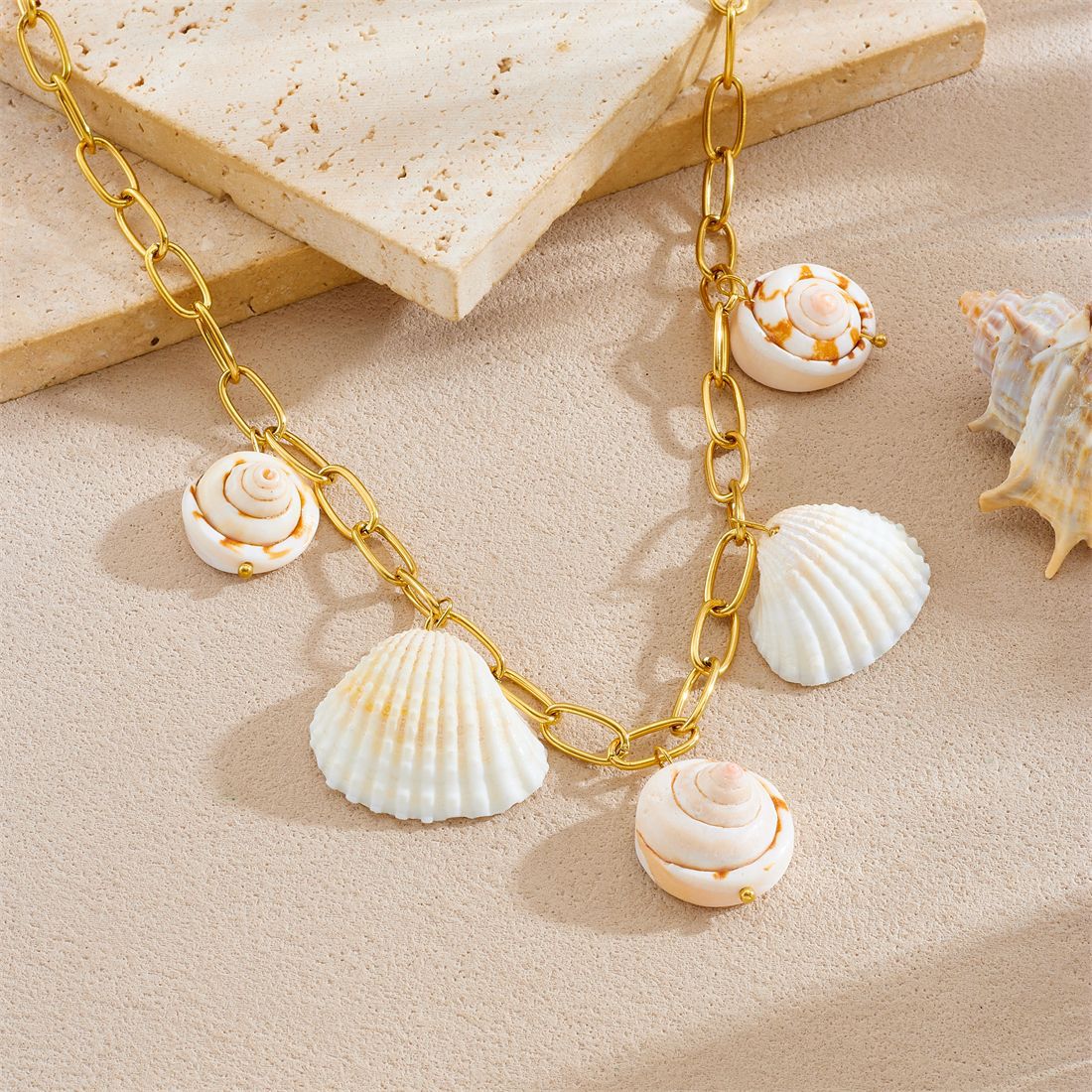 Bohemian Gold Plated Seashell Conch Shell Pendant Curb Chain Necklace for Women