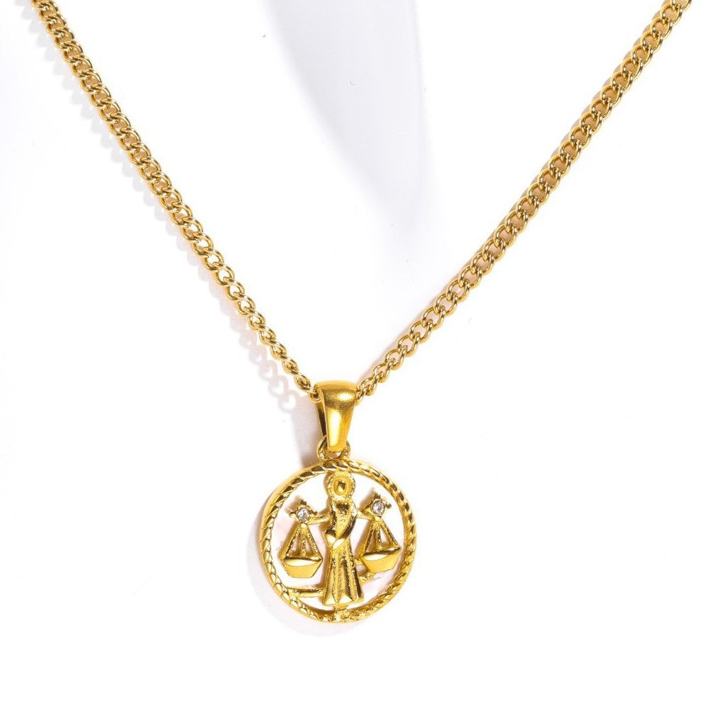 18K Gold Plated Titanium Steel Round Zodiac Coin Necklace PVD Finish Unisex