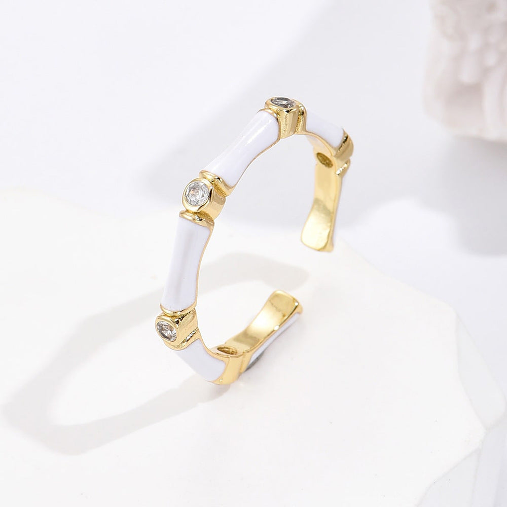 Elegant French-Style Geometric Copper Ring with Real Gold Plating and Enamel Zirconia for Women