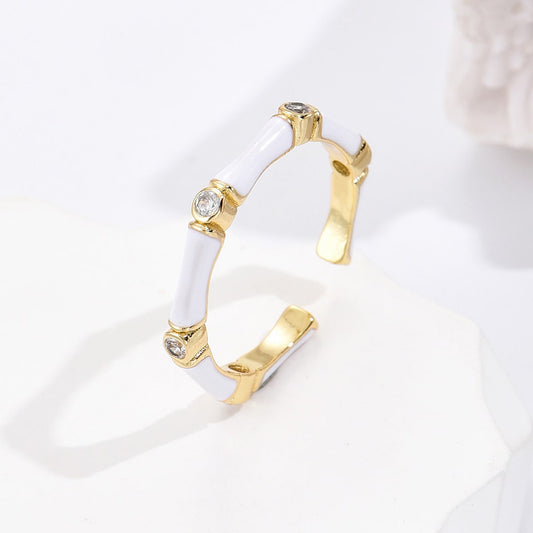 Elegant French-Style Geometric Copper Ring with Real Gold Plating and Enamel Zirconia for Women