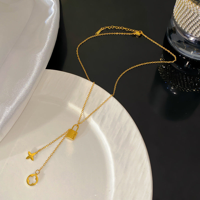 Geometric Titanium Steel Plated Lock Clover Tassel Necklace