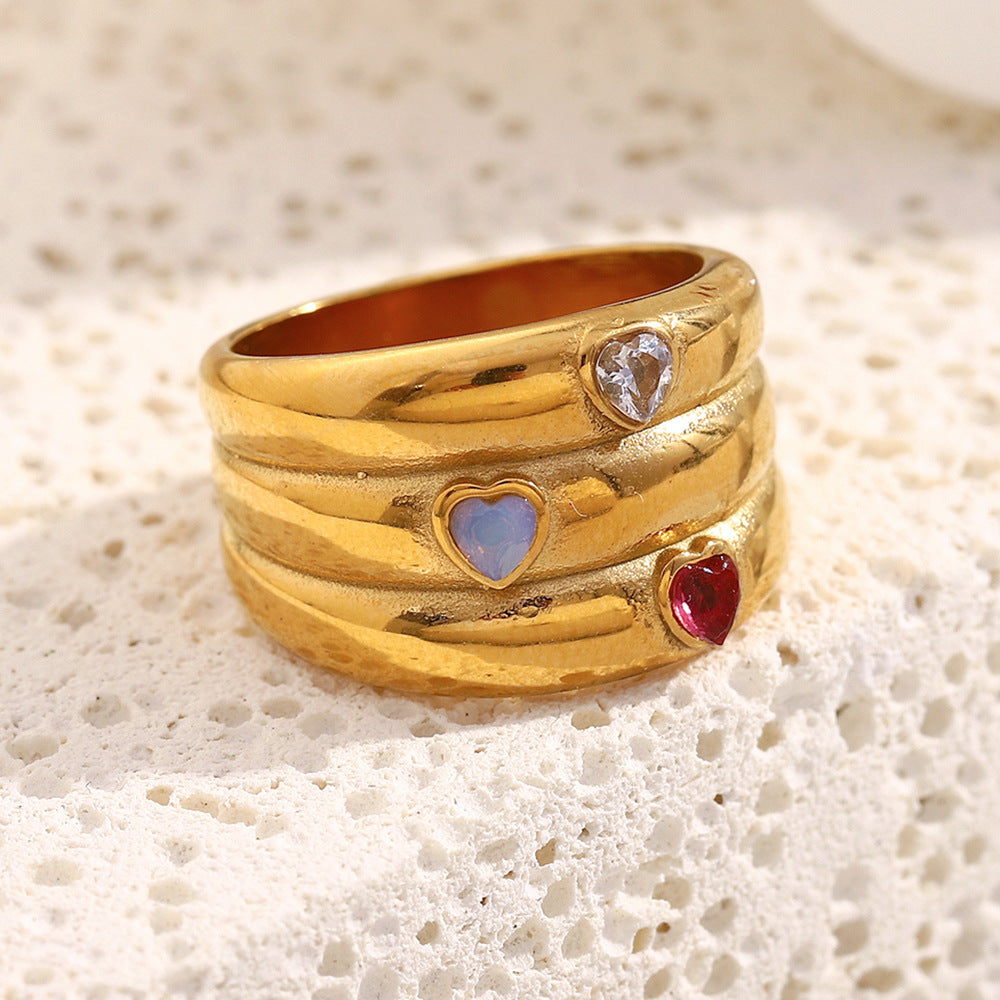 Anello Geometrico Minimalista da Donna in Acciaio Inossidabile con Placcatura in Oro 18K e Tre Zirconi