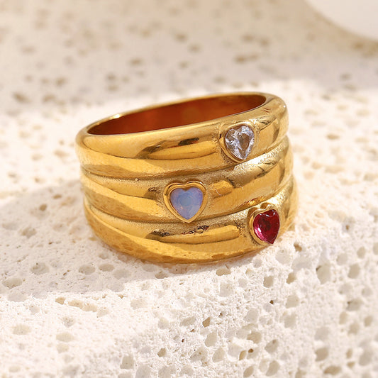 Minimalist Geometric Stainless Steel Ring with 18K Gold Plating and Triple Zirconia Accents for Women