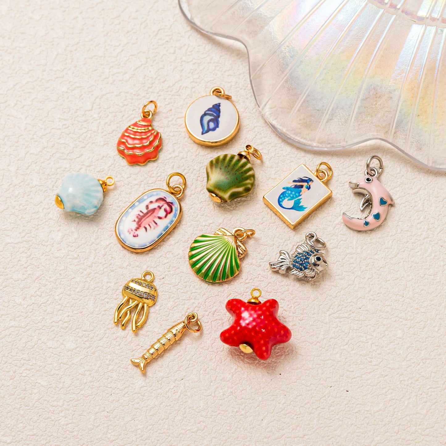 Sweet Geometric Animal Brass Plated Pendant Necklace with Mermaid Starfish Lobster Jellyfish Fish Charms