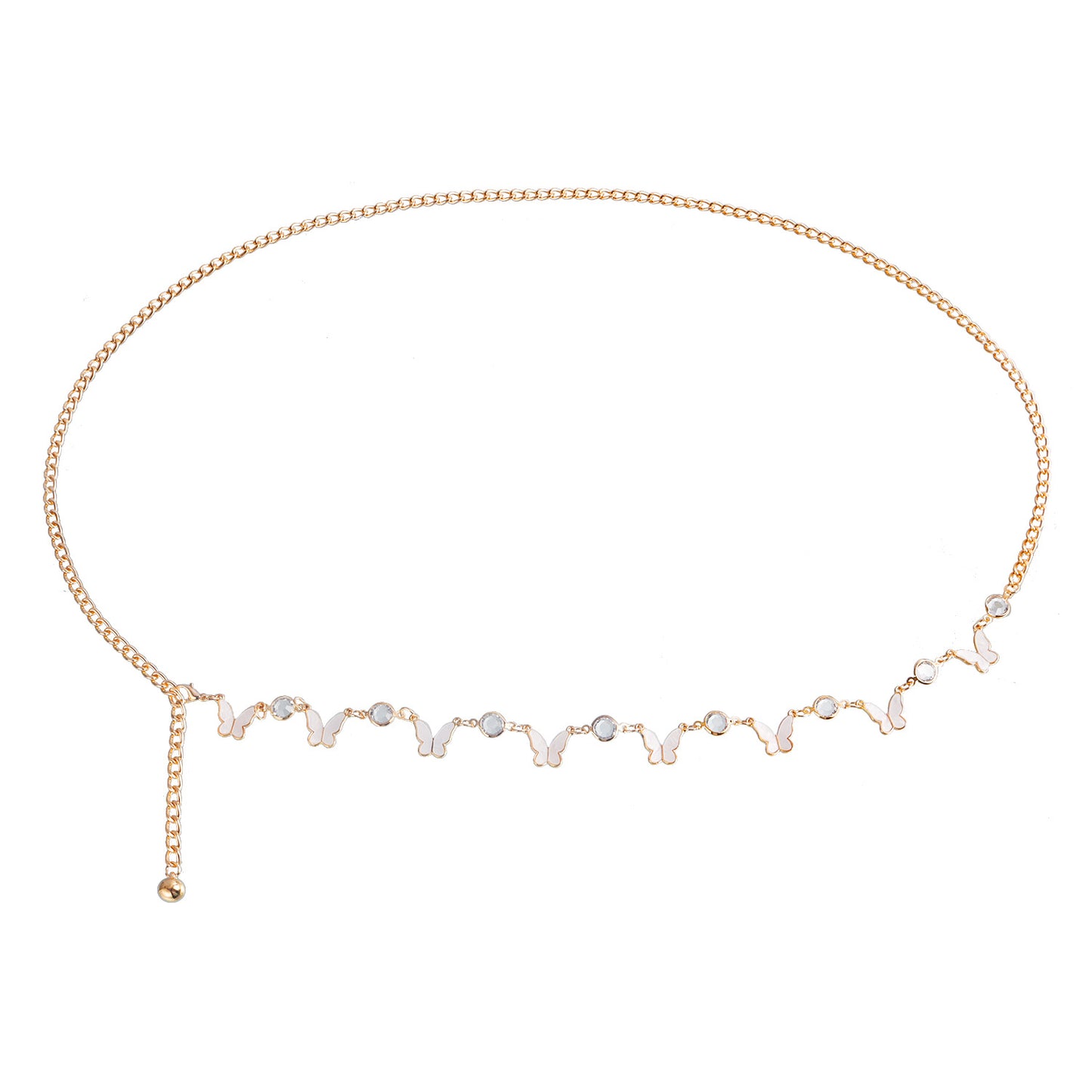 Punk Style Mother-of-Pearl Butterfly Pendant Rhinestone Waist Chain for Women Single Loop Metal Body Chain