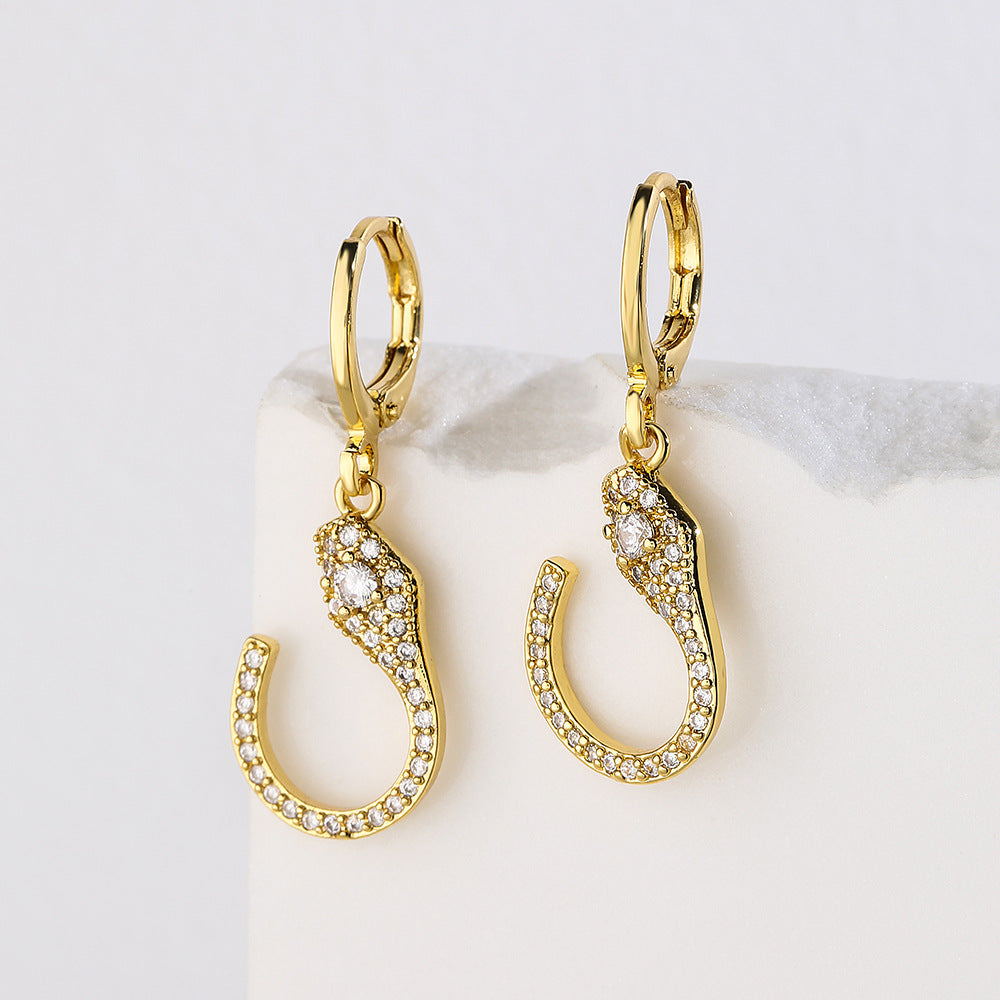 Geometric Snake Pendant Earrings for Women in Copper with 18K Gold Plating and Zircon