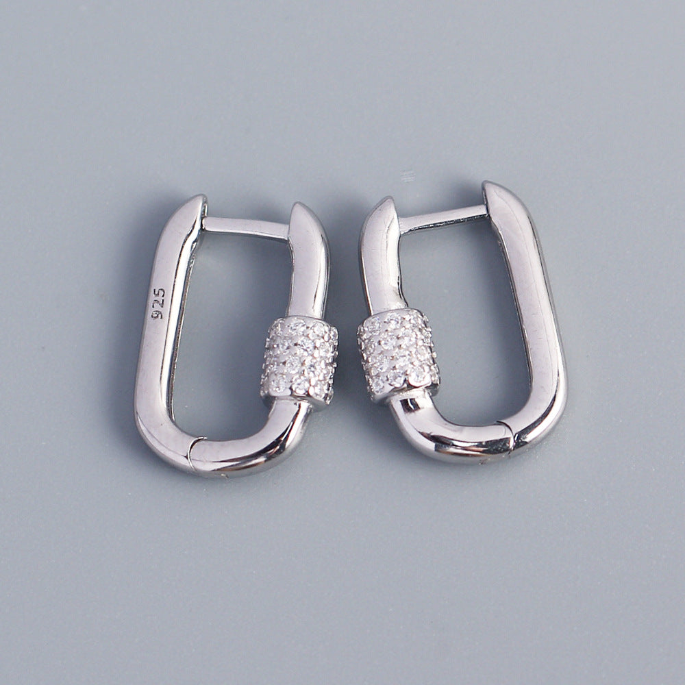 Geometric Oval S925 Sterling Silver Ear Cuffs with Rhinestone Inlay for Women