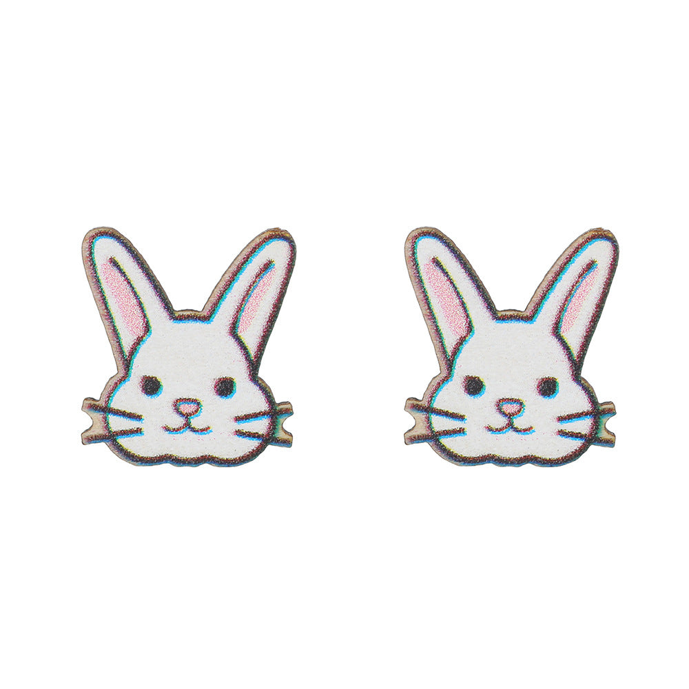 Cute Cartoon Animal Wood Stud Earrings Plated Rabbit Design for Kids