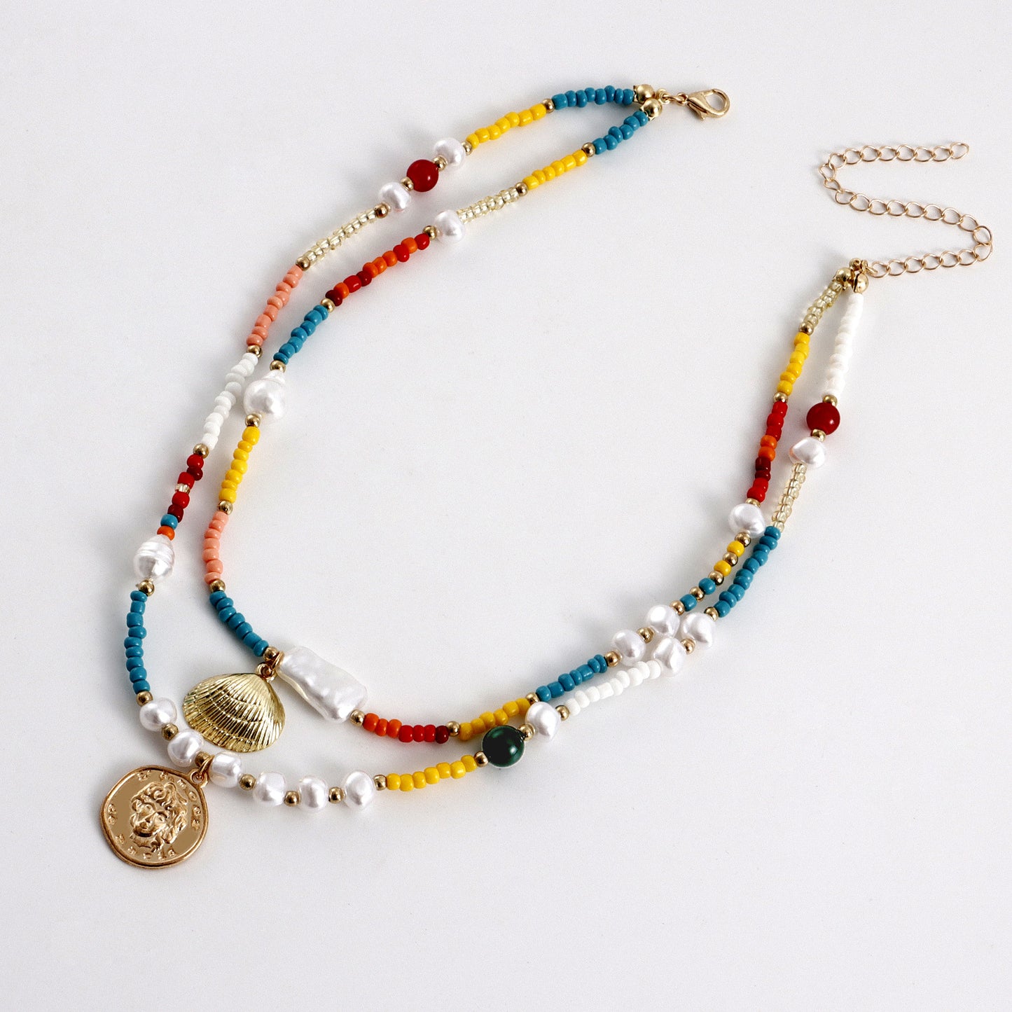 Bohemian Style Colorful Seed Bead and Seashell Pendant Necklace for Women Geometric Alloy Design with Plated Finish