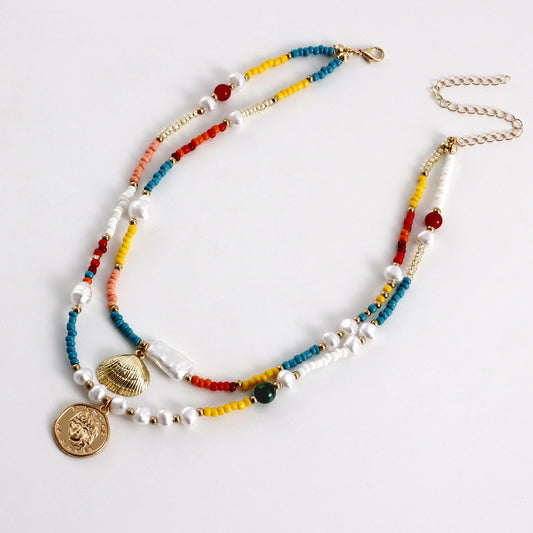Bohemian Style Colorful Seed Bead and Seashell Pendant Necklace for Women Geometric Alloy Design with Plated Finish