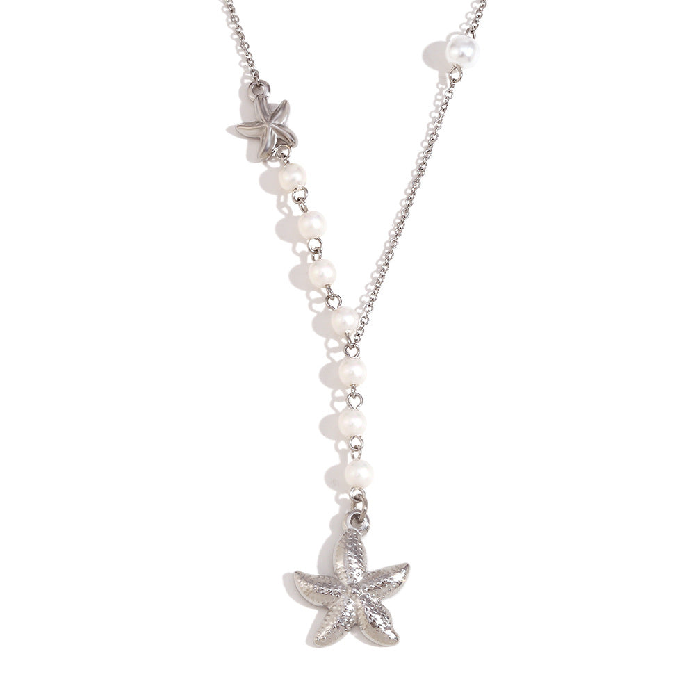 Collana pendente a forma di stella marina asimmetrica vintage con catena in acciaio inossidabile e placcatura in oro 18 carati con dettagli in perle