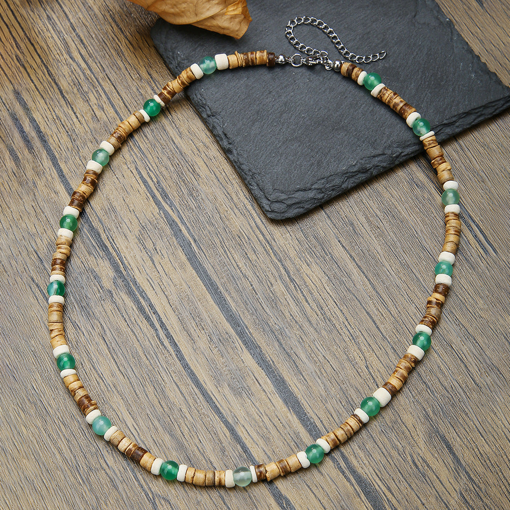Hip-hop Geometric Round Wood Resin Bracelet Necklace Set with Cable Chain for Unisex