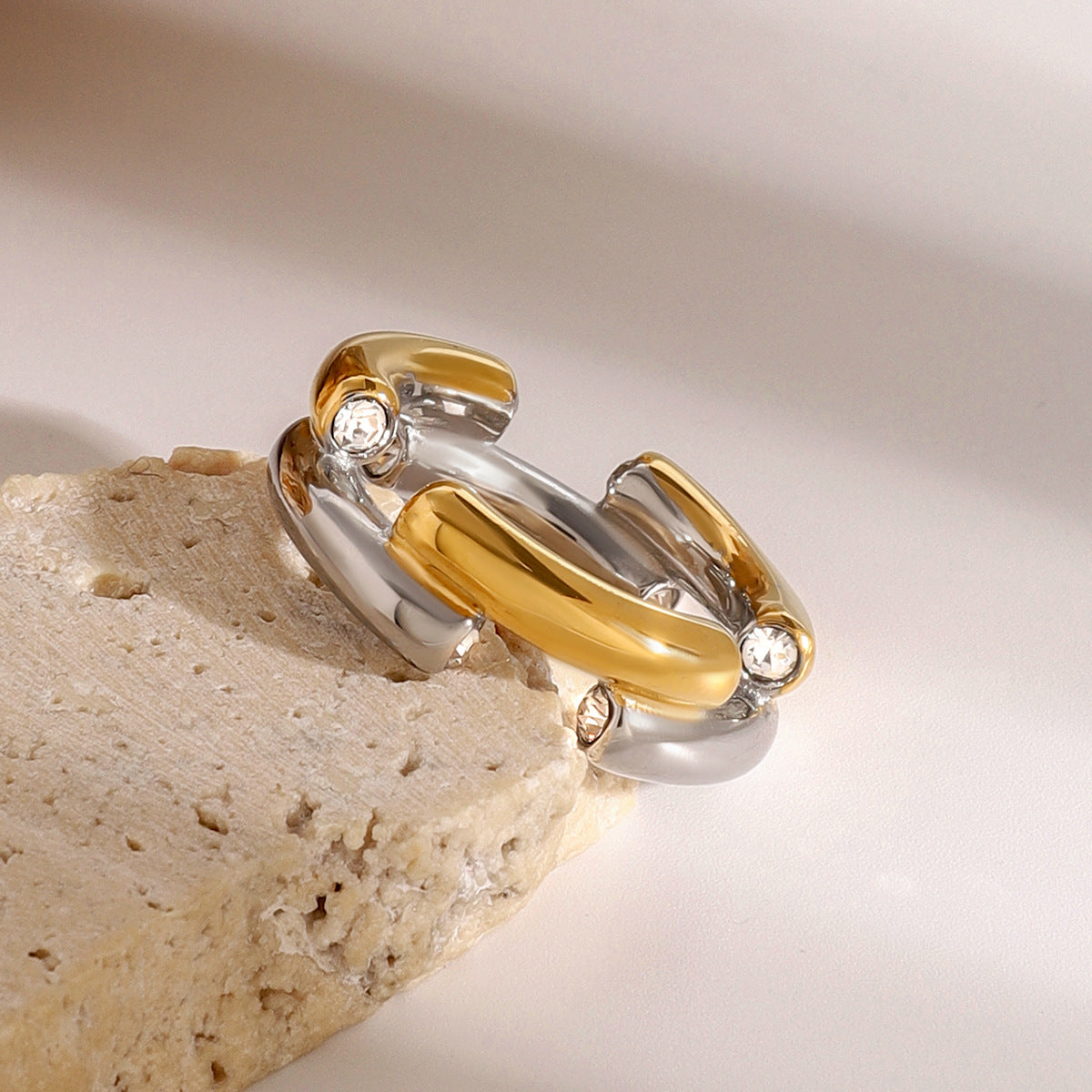 Geometric Stainless Steel Zirconia Ring with Plated Finish for Women