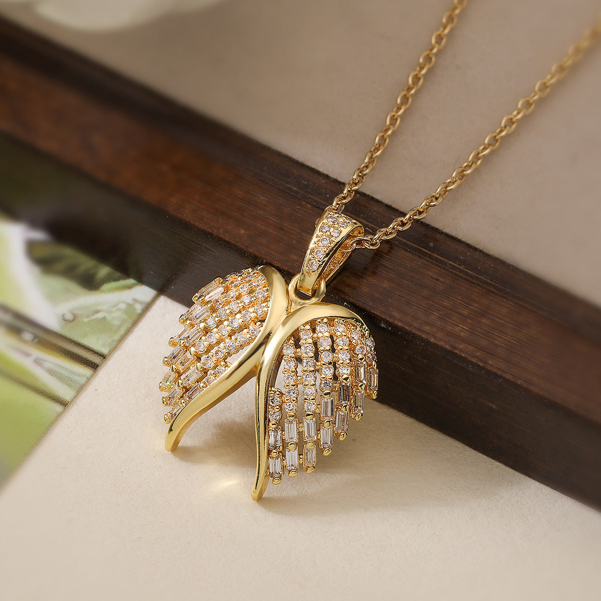 Minimalist Angel Wing Pendant Necklace for Women in Copper with 18K Gold Plating and Zircon Inlay, Irregular Geometric Locket Chain
