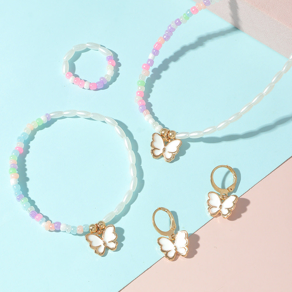 Cute Minimalist Children's Jewelry Set with Enamel Butterfly Pendant on Beaded Chain, 5-Piece Matching Earrings Necklace Bracelet Set