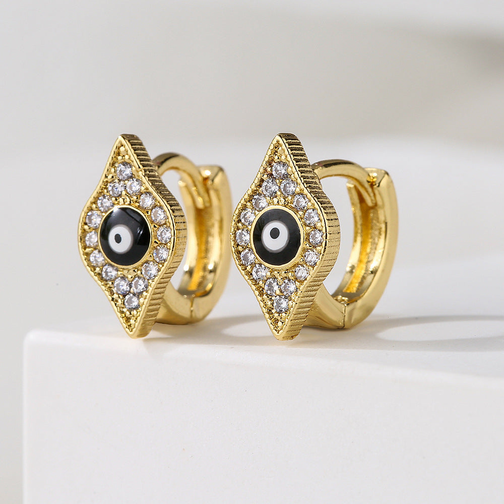Orecchini a Cerchio da Donna con Occhio di Allah Geometrico Minimalista in Rame con Placcatura in Oro 18K e Intarsio in Zirconia Smaltata