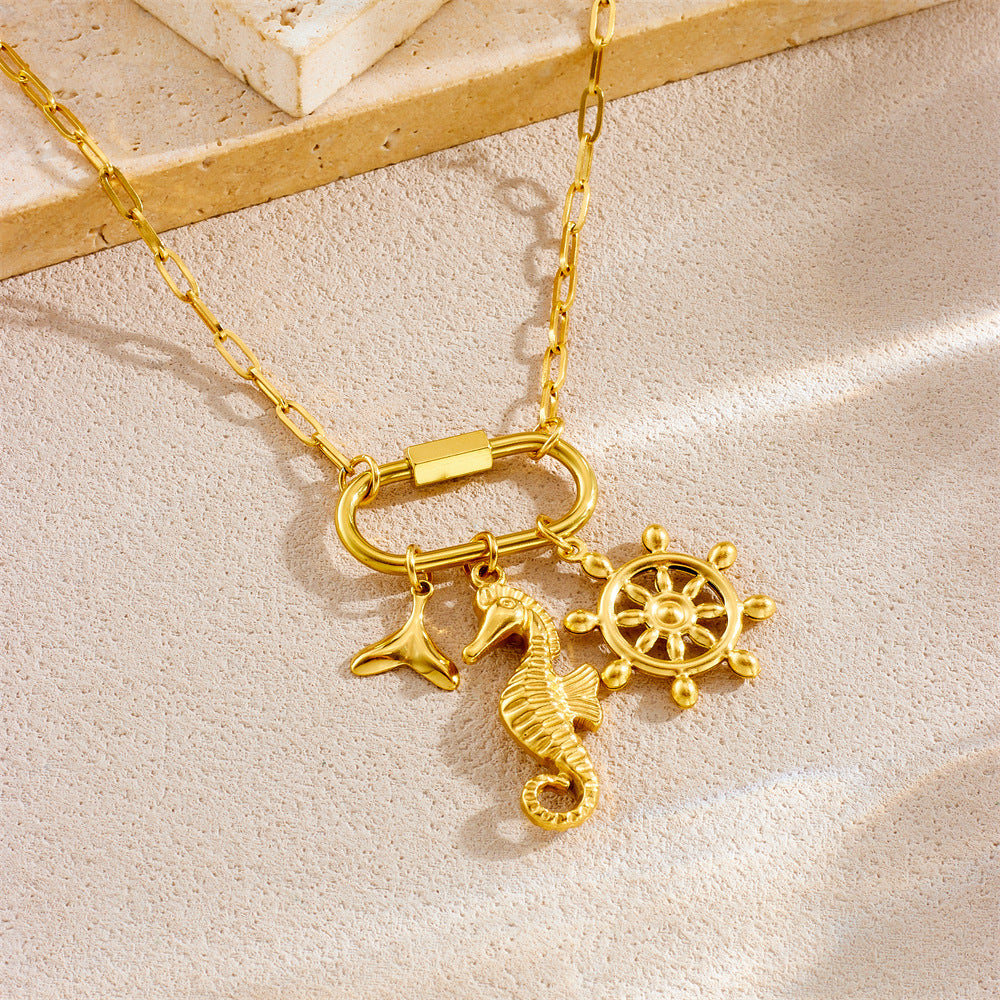 Personalized Ocean Creature Drop Oil Moon Ship Wheel Eye Pendant Stainless Steel Snake Chain Necklace for Women